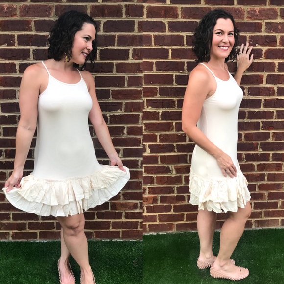 Taupe Double Ruffle Dress Extender Slip Layered Tiered Dress Multi-Way Strap - Picture 6 of 7